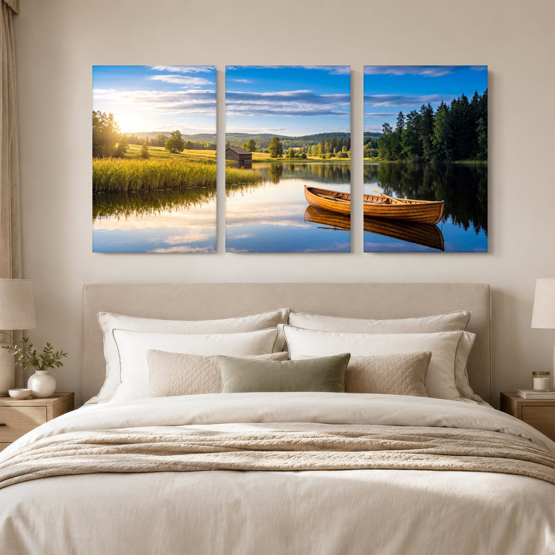 Toile en bois sur un lac ensoleillé avec forêt et montagnes, ensemble de 3 toiles, H 24 po x l 16 po x 3 pièces