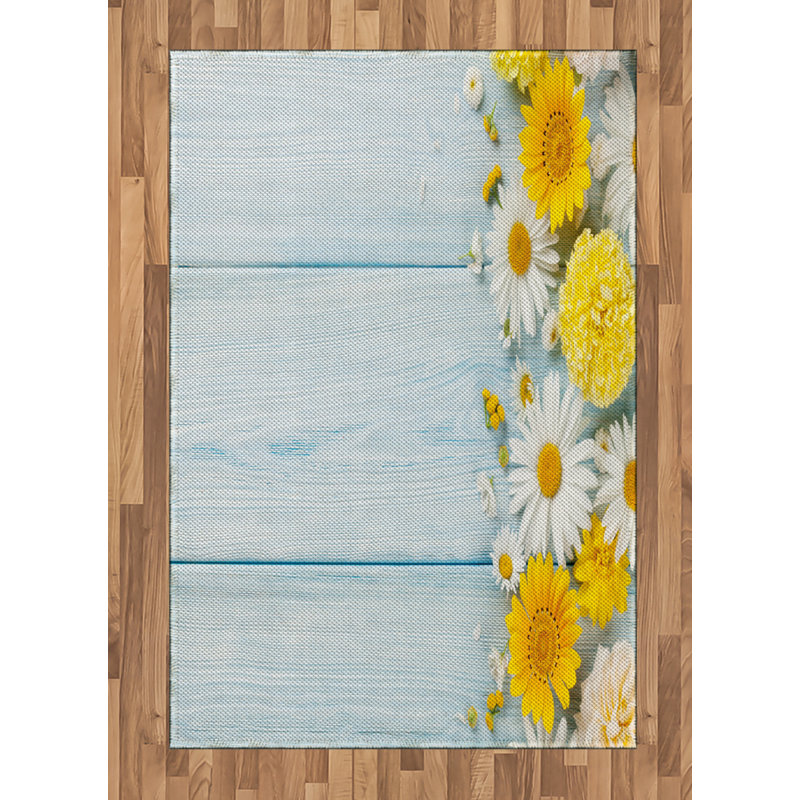 Yellow Flower High Density Long Fiber Poly Threads Decorative Area Rug Carpet, Rectangle 4' x 5'8"