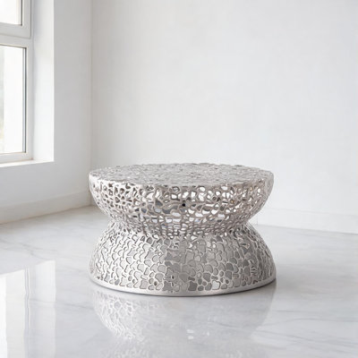 32-Inch Coffee Table with Lattice Base, Modern Contemporary Style, Aluminum in Classic Silver