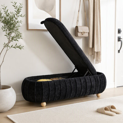 Banc de lit d'appoint capitonné de 140 cm de large avec couvercle rabattable et rangement intégré, repose-pieds ottoman en chenille avec pieds en bois d'hévéa