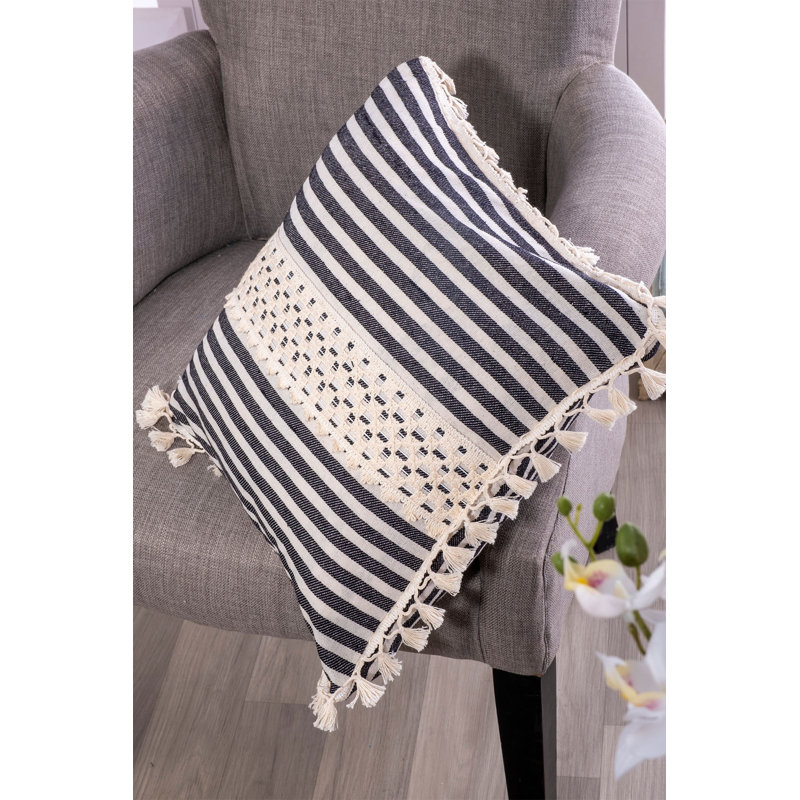 Arum Striped White Square Cushion Cover, Black