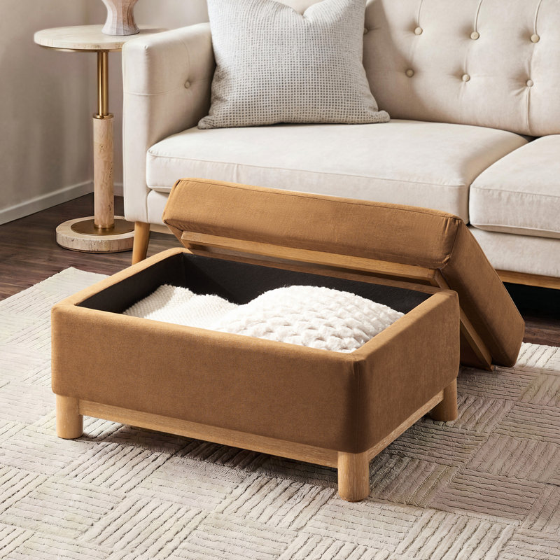 Elan Modern 30.25"W Rectangular Chenille Storage Ottoman with Reversible Flip-Top Coffee Table Tray, Caramel