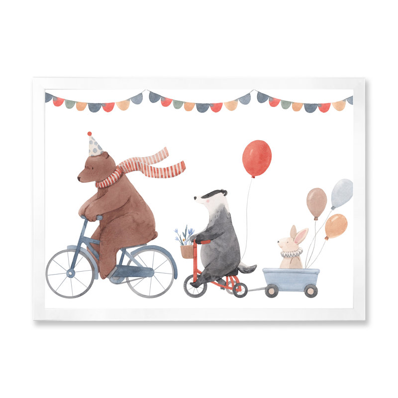 Animaux mignons à bicyclette, H 24 po x l 36 po x P 1 po, Cadre d'angle fermé blanc