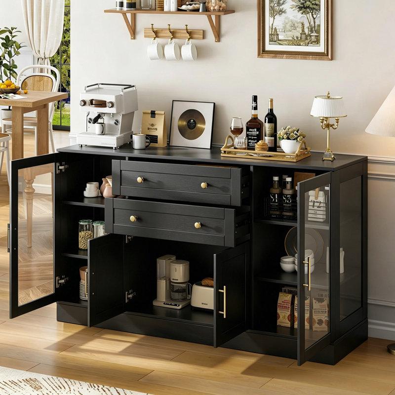 Buffet 58,3 po à 2 tiroirs et tablettes réglables 58,5 po, Noir