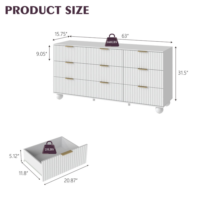 63'' W 9-Drawer Wave Pattern Dresser with Anti-Tip Safety Feature, White