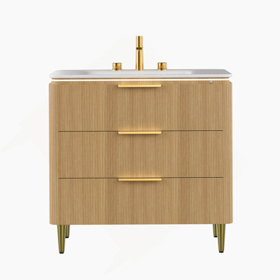 Meuble-lavabo de salle de bain 36 po AMara, armoire de rangement en contreplaqué ultra-mince à rebords courbés autoportants, 3 tiroirs, lavabo intégré en pierre frittée blanc de Carrare, pré-assemblé, couleur grain de bois de chêne clair