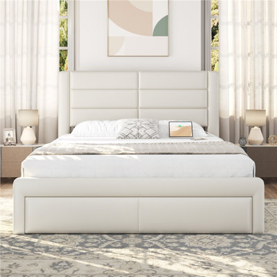 Avelle Vegan Leather Metal Platform Storage Bed with Drawers and Built-In USB Ports