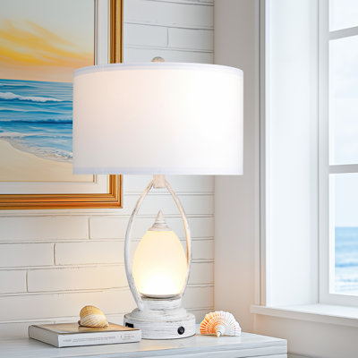 23" Metal, Glass Night Light, Coastal Table Lamp with USB (2 LED Bulbs Included)