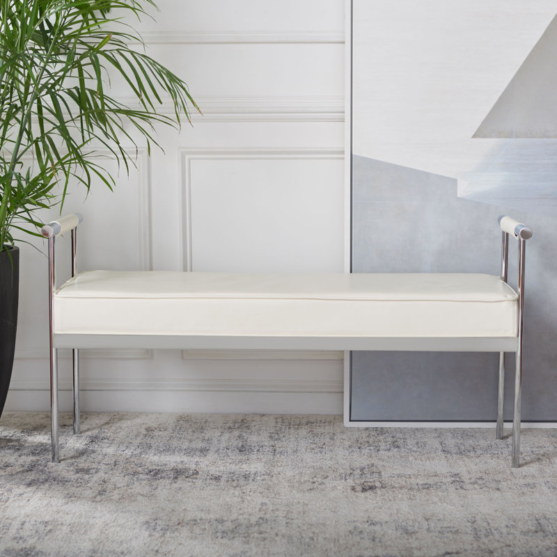 Alishia Faux Leather Upholstered Bench, White/Chrome, 24.75" H x 48" W x 17.25" D
