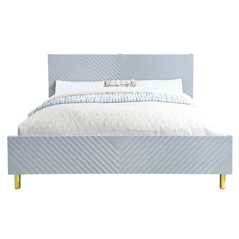 Gray High Gloss Ek Bed With Metal Legs And Wave Pattern Design, 39 Slats, Fully Kd Structure, 660Lbs Weight Limit, 86"W X 81"D 46"H Design Finish, Legs, Kd, No Box Spring Required, Weight,
