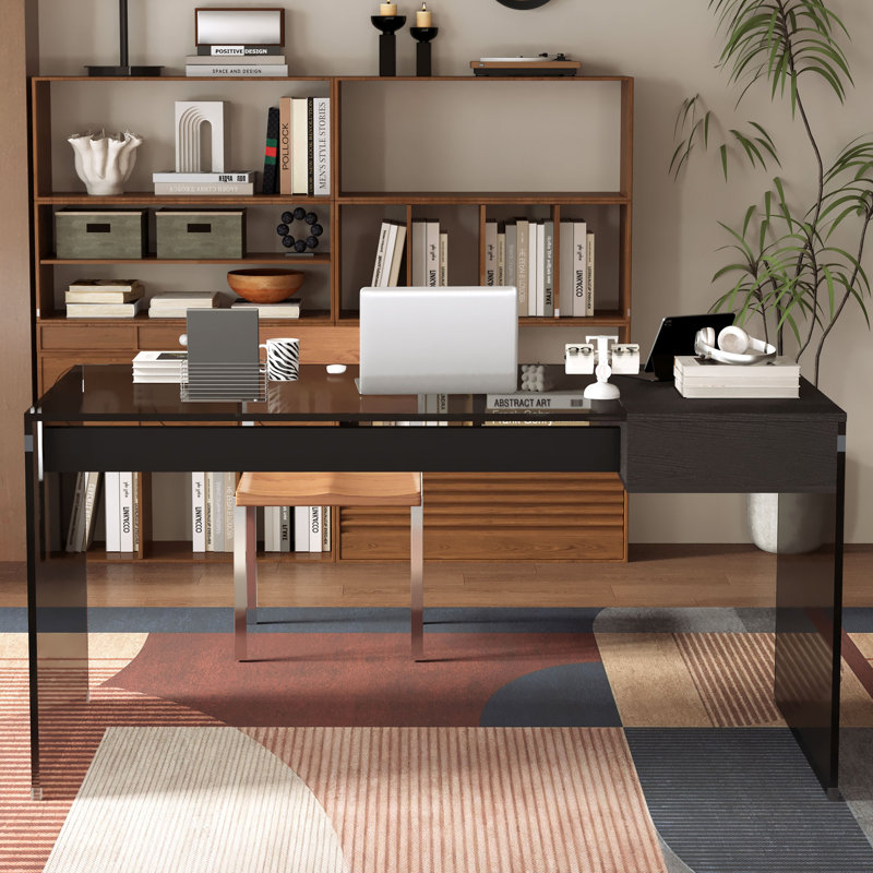 53.14 Inch Modern Glass Top Computer Desk With Drawer And Flip Top Storage Black Writing Table For Home Office Study, Black
