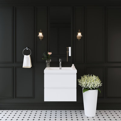 Meuble-lavabo flottant 24 po, rangement mural avec lavabo, comptoir en résine, tiroirs à fermeture en douceur, plomberie facile, lavabo à structure solide blanc brillant, conception compacte, résine, simple