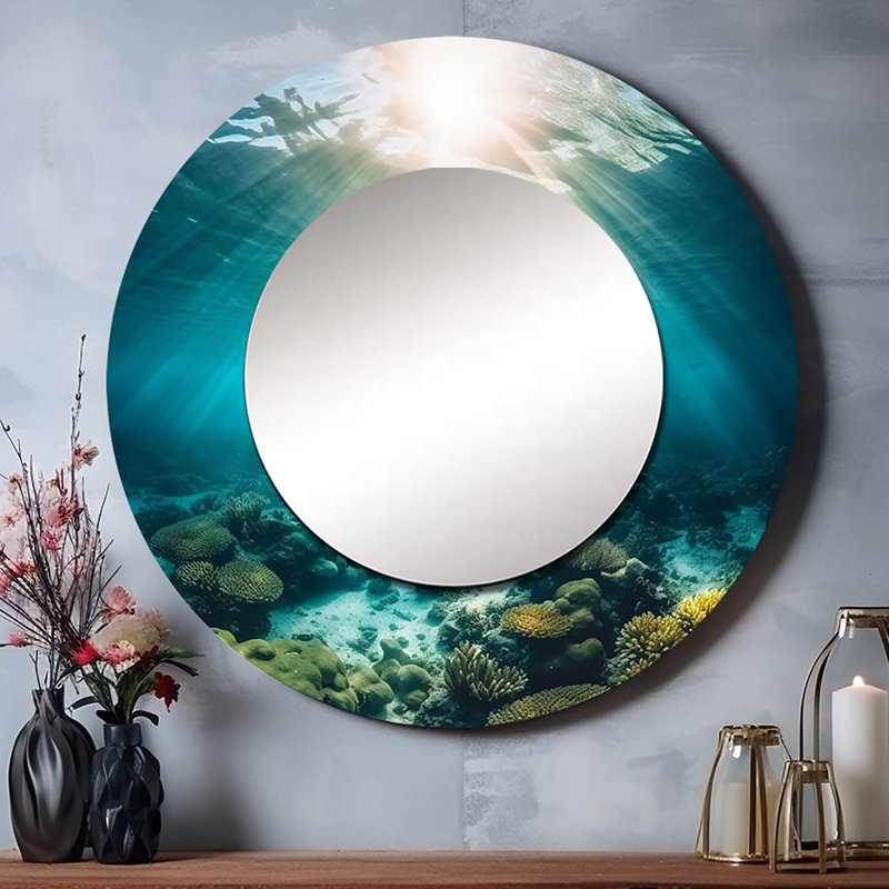 Underwater Coral IV - grand miroir mural côtier, miroir décoratif rond côtier, impression d'art en métal, 23 po x 23 po