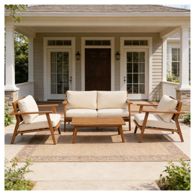 4-Piece Mid-Century Modern Acacia Wood Patio Seating Set with Waterproof Cushions & Slatted Coffee Table