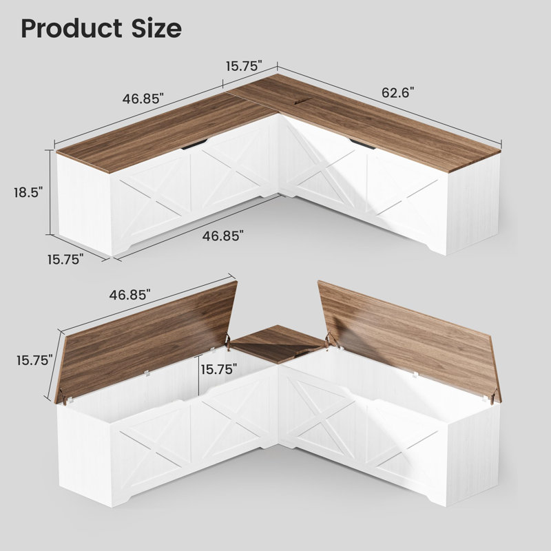 Banc de rangement en forme de L, banc d'angle 63 po avec rangement, banc d'angle avec 3 compartiments à couvercle rabattable caché, banc de salle à manger sans dossier pour la cuisine, le vestibule, la salle à manger, noyer et blanc