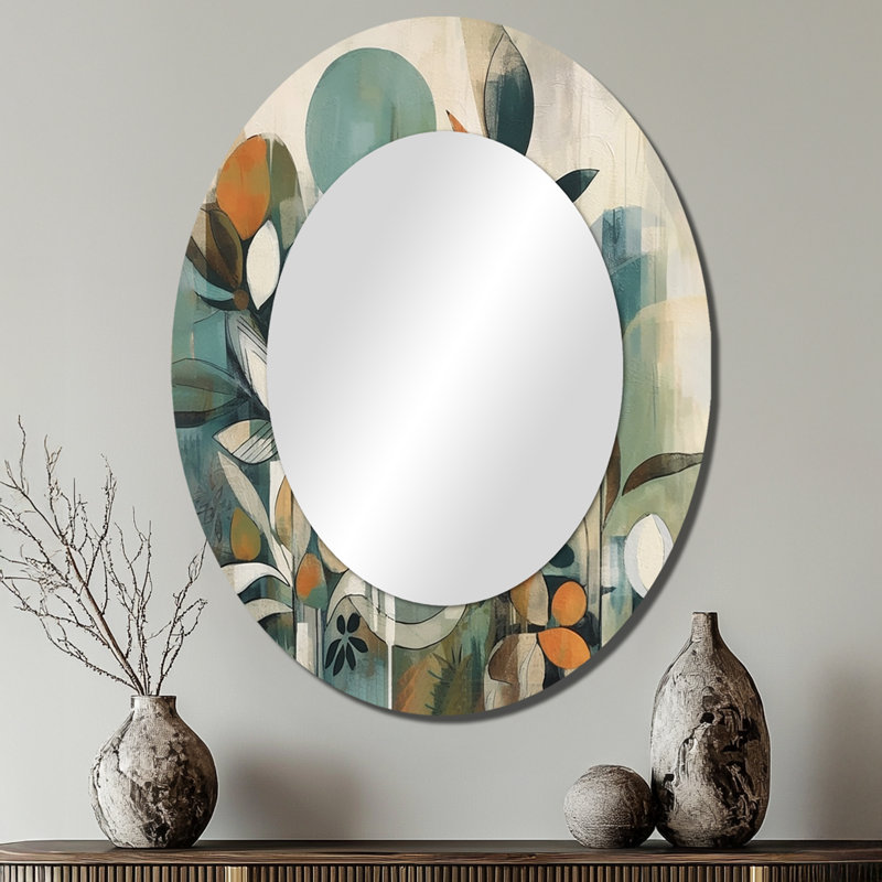 Miroir décoratif géométrique ovale orange et vert abstrait Bohemia III, 40 po x 30 po