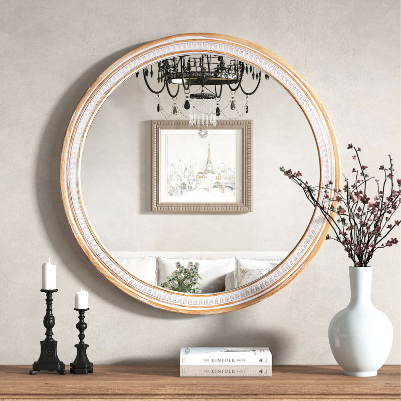 Miroir mural 30 po rond en bois massif de style campagnard, miroirs décoratifs rustiques Boho pour salle de bain, miroir mural Shabby Chic pour vestibule de salle de bain