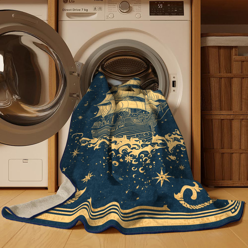 Machine Washable Mendon Pirate Sailing Ship Vintage Vintage Look Rug in Gray – Navy Binding, 4x6