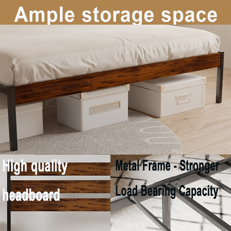 Queen Bed,Iron Platform Bed with Headboard & Storage Space