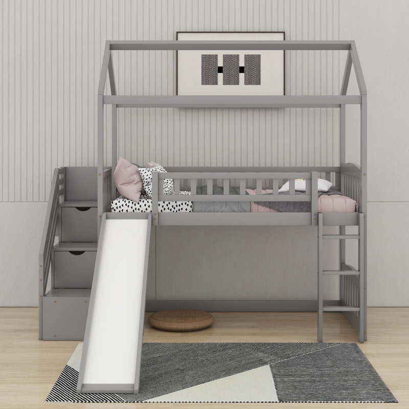 Lit mezzanine simple avec glissade, Gris