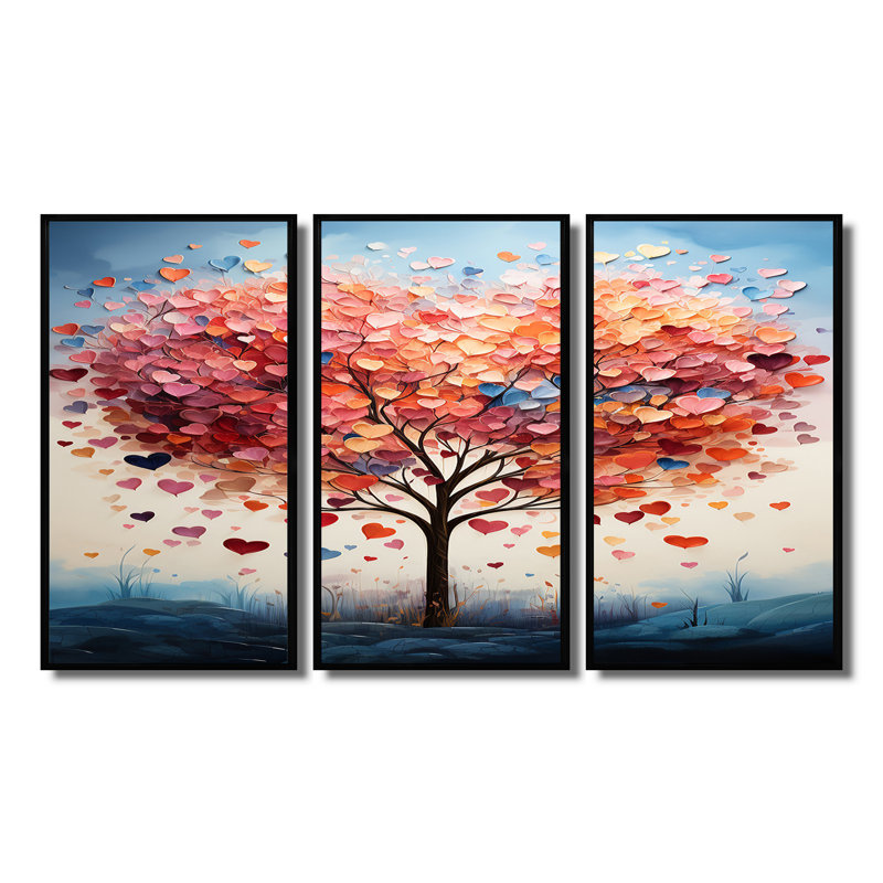 «Blossoming Pink Heart Tree», ensemble de décorations murales, Cadre flottant noir, H 40 po x l 60 po x P 1 po
