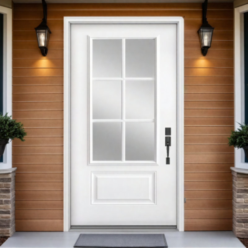 Porte d'entrée extérieure moderne en fibre de verre 6-Lite avec design d'intimité en verre à faible émissivité, Gauche