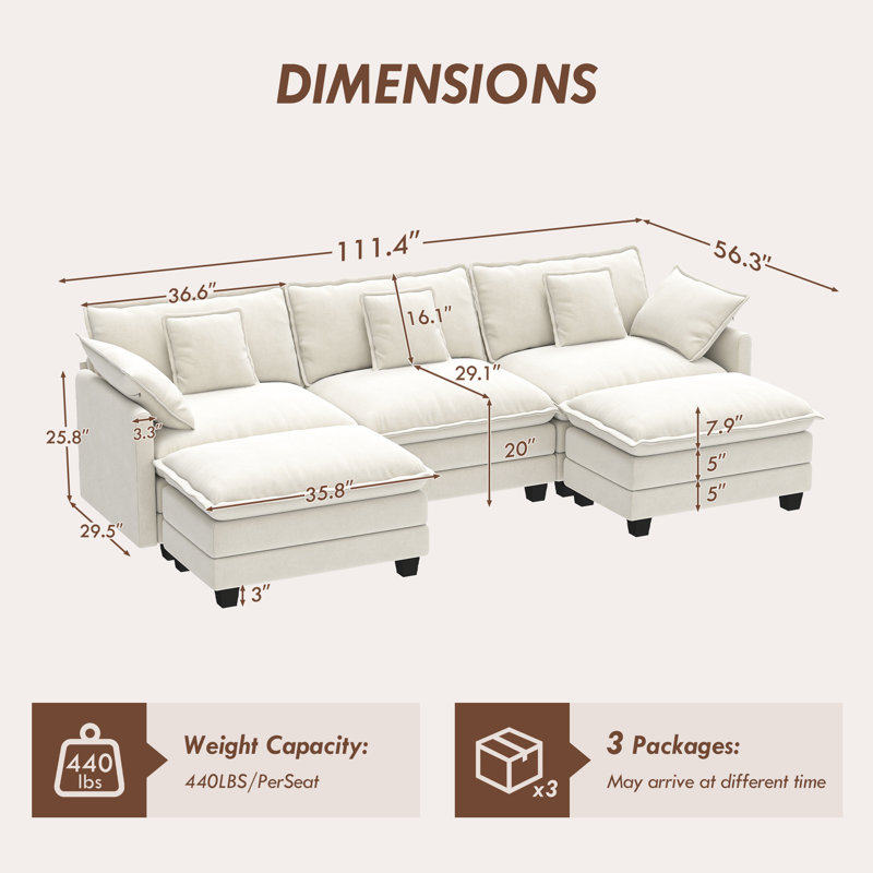 Canapé modulaire en U en chenille de 111,5 po avec 5 repose-pieds George, Beige