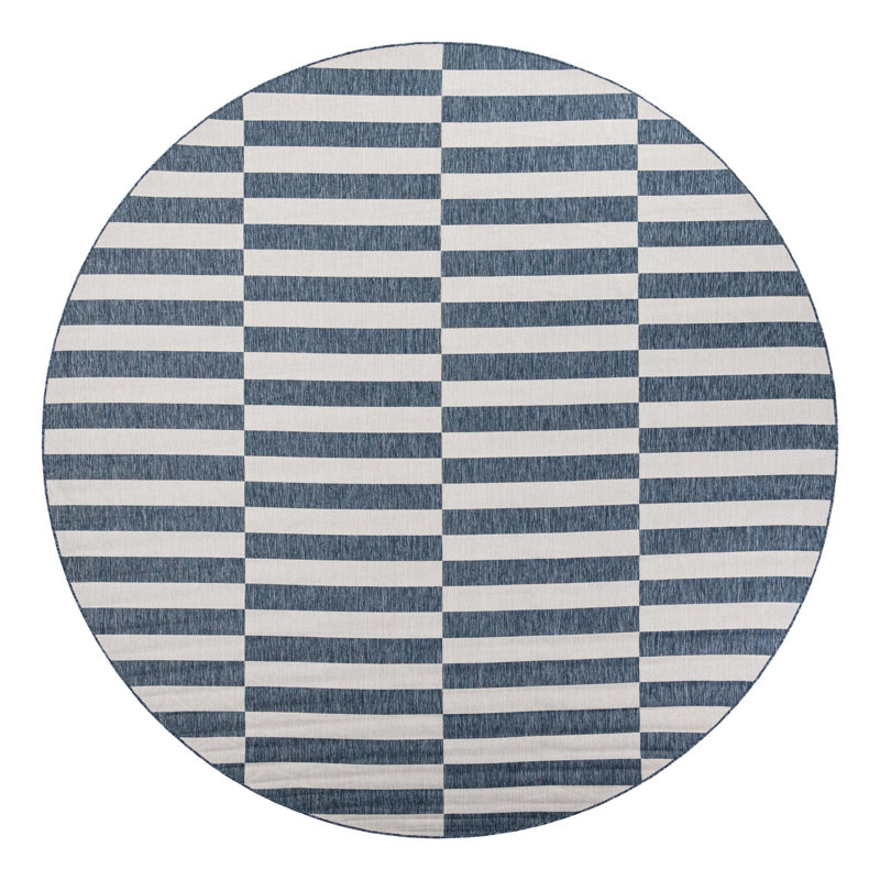 Pana Striped Navy Blue/Ivory Indoor / Outdoor Area Rug, Round 12'