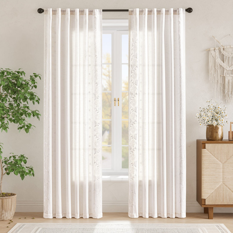 Linen Blended Semi Sheer Embroidered Floral Curtains, 50" W x 84" L, White