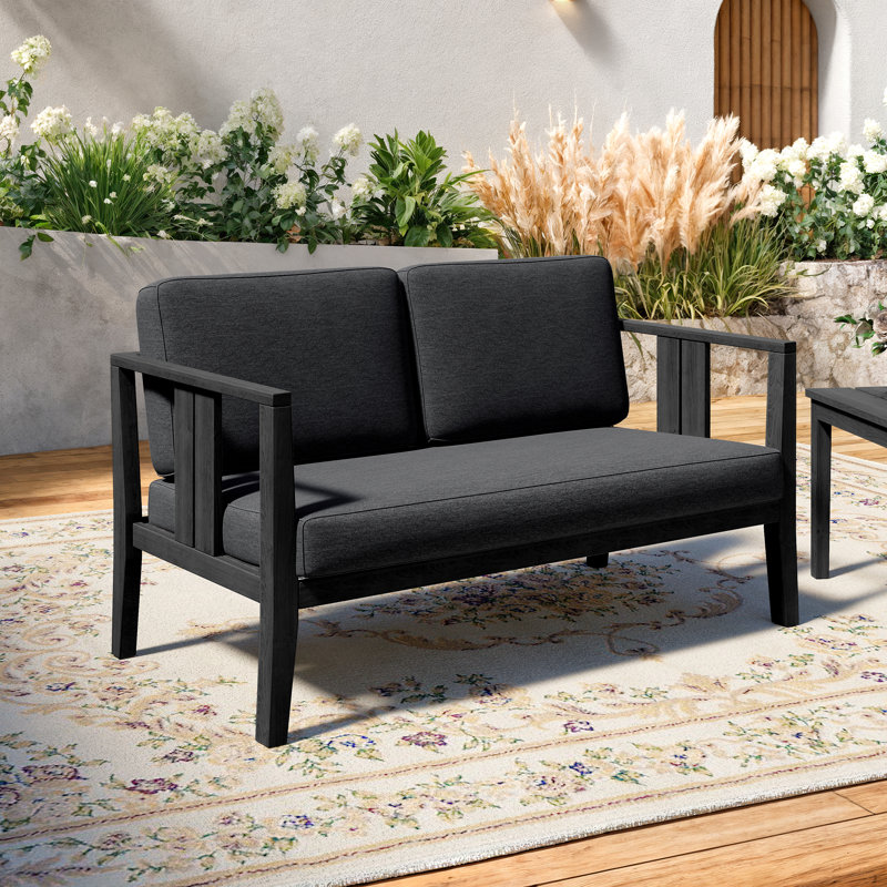 Solid Wood Teak Outdoor Loveseat With Cushion And Arms, Dark Gray, Black