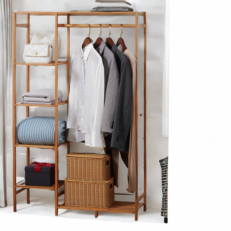 Mynire 6 Tier Clothes Rack Garment Rail Open Bamboo Wardrobe With 4 Shelves Bedroom Furniture