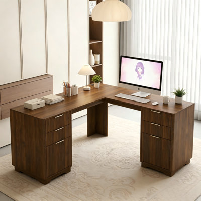 Modern L‑Shaped Corner Desk with Drawers & Bookshelf, Gaming Study Writing Computer Desk with Storage for Home Office