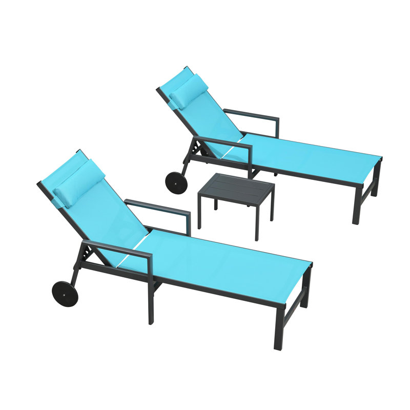  Ensemble de 3 chaises longues d'extérieur pour terrasse avec cadre en aluminium et accoudoirs, Bleu