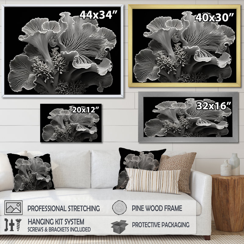 Anémone noire et blanche II - décoration murale plage et océan, Toile tendue, H 24 po x l 32 po