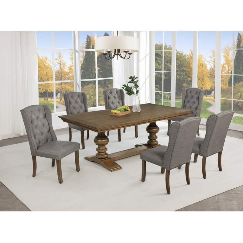 Ensemble de salle à manger de style traditionnel avec chaises capitonnées et garniture cloutée, Gris