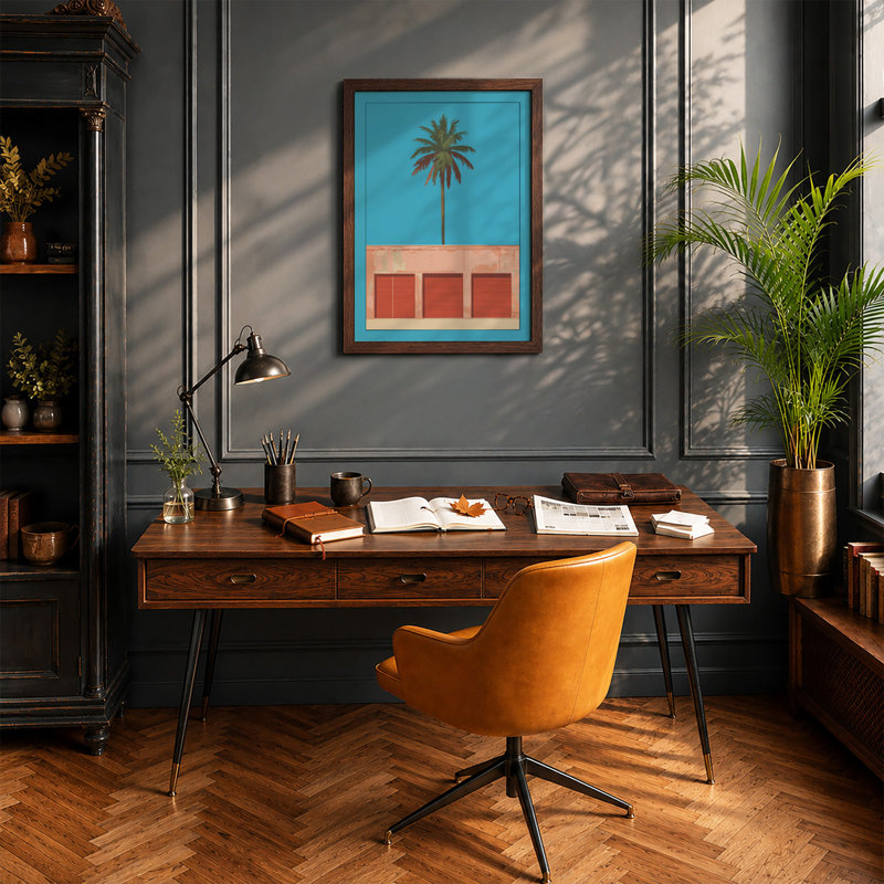 Palm and Mediterranean Doors Minimalist - Framed Print, A2 - 59.4 x 42.0 cm, Walnut