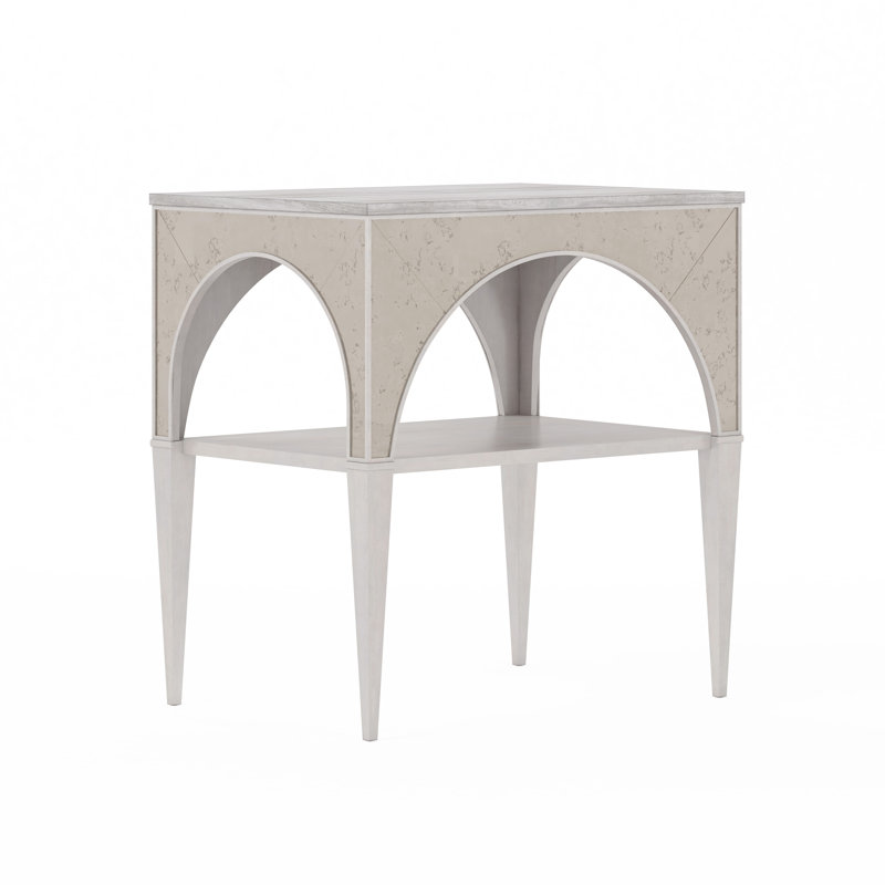 Dove Gray Transitional Night Table with Stone Top and Mirror Accents
