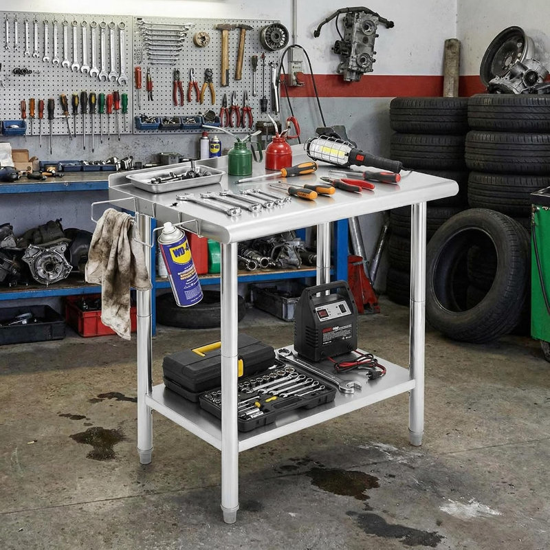 Table de préparation en acier inoxydable de 36 po x 24 po avec roues verrouillables, tablette réglable, dosseret et crochets à outils pour la cuisine, le restaurant, le garage et l'entrepôt, bord droit