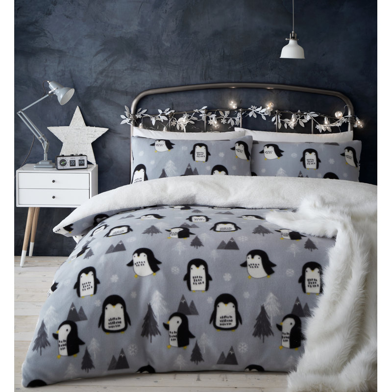 Cosy Penguin Fleece Duvet Cover Set with Pillowcases, Double - 2 Standard Pillowcases