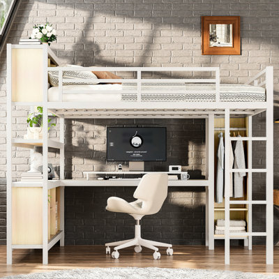 Grand lit mezzanine en métal avec bureau, garde-robe et compartiments de rangement, conception moderne pour les petits espaces de rangement en forme de L blanc à grain de bois, facile à installer dans la maison