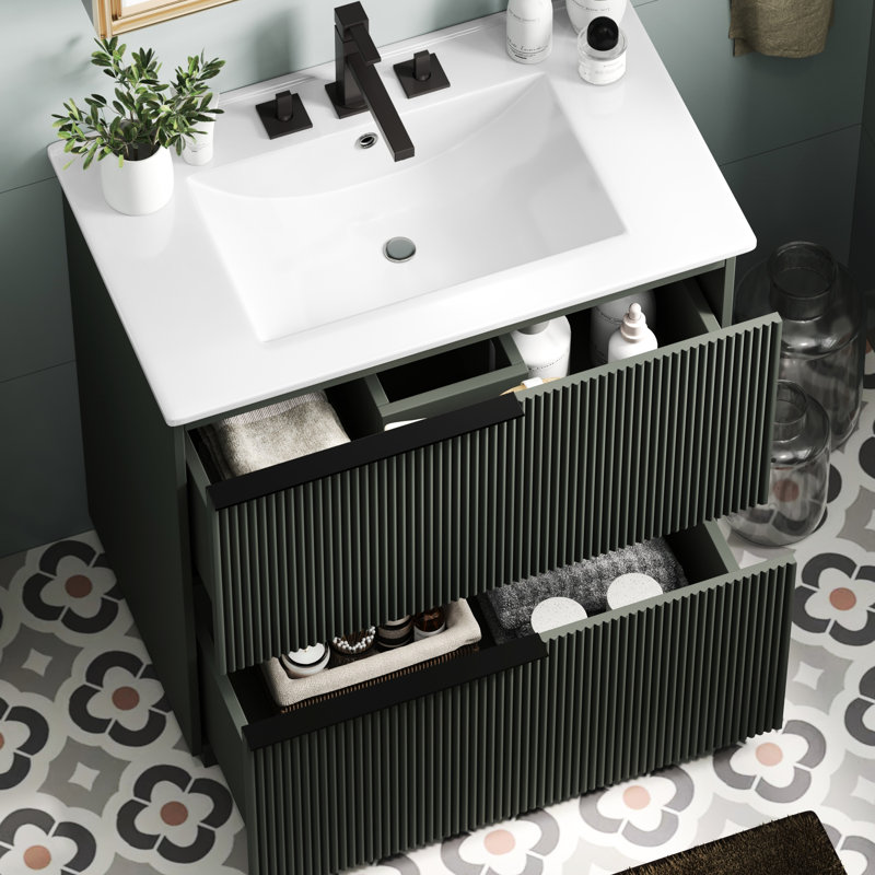 30" Bathroom Vanity In Hue, With Ceramic Sink, Full - Extension Drawers And Soft Close Undermount Slides For Functional Setup A Smooth Fluted Design Space Utilization