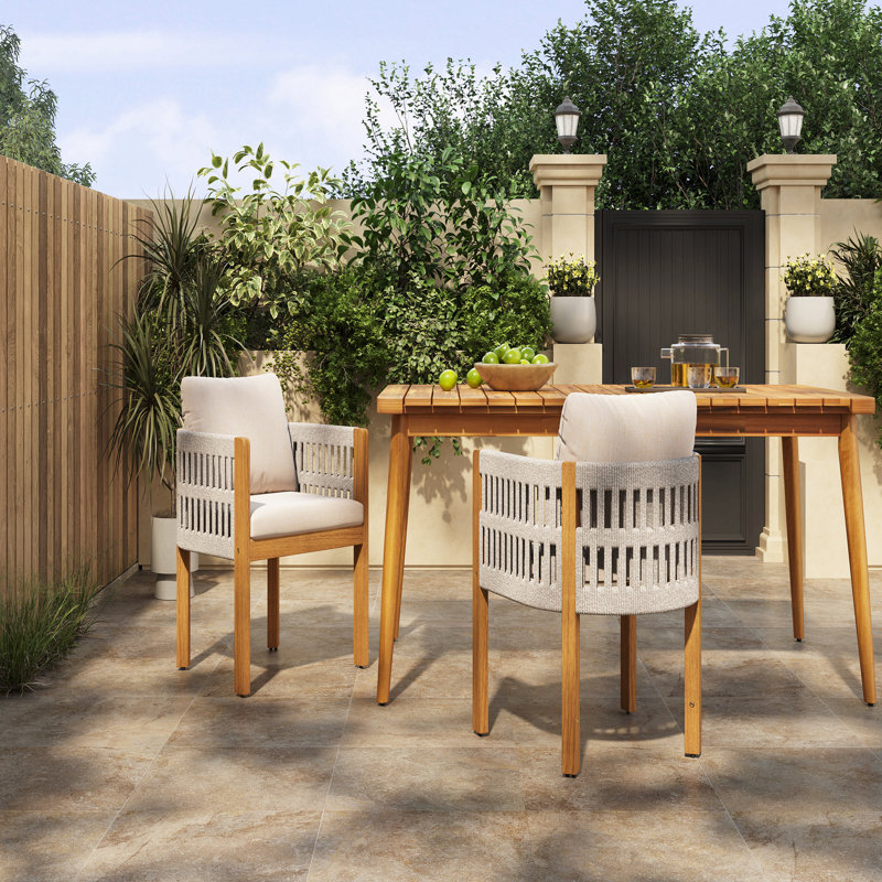 Acacia Wood Outdoor Dining Chairs 2-Pack With Mix White Rope Handles, Washable Waterproof Beige Cushions, 400 Lbs Capacity