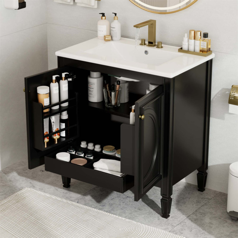 Meuble-lavabo de style rétro 30 po avec lavabo, deux portes, tablette et charnières à fermeture douce, Noir
