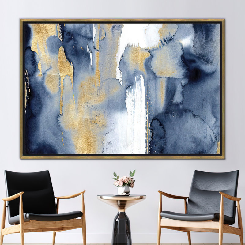 Peinture moderne abstraite bleu marine et or - décoration murale contemporaine tendance, H 33 po x l 45 po, Doré