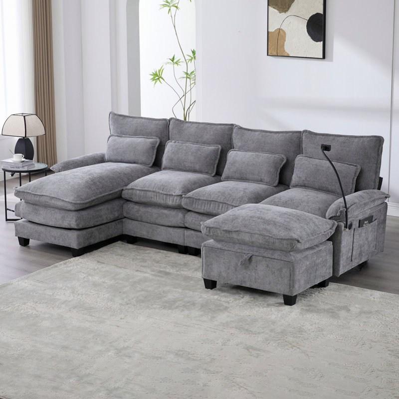 Canapé-lit modulaire en forme de U de 106 po United We Win, Chenille gris pâle
