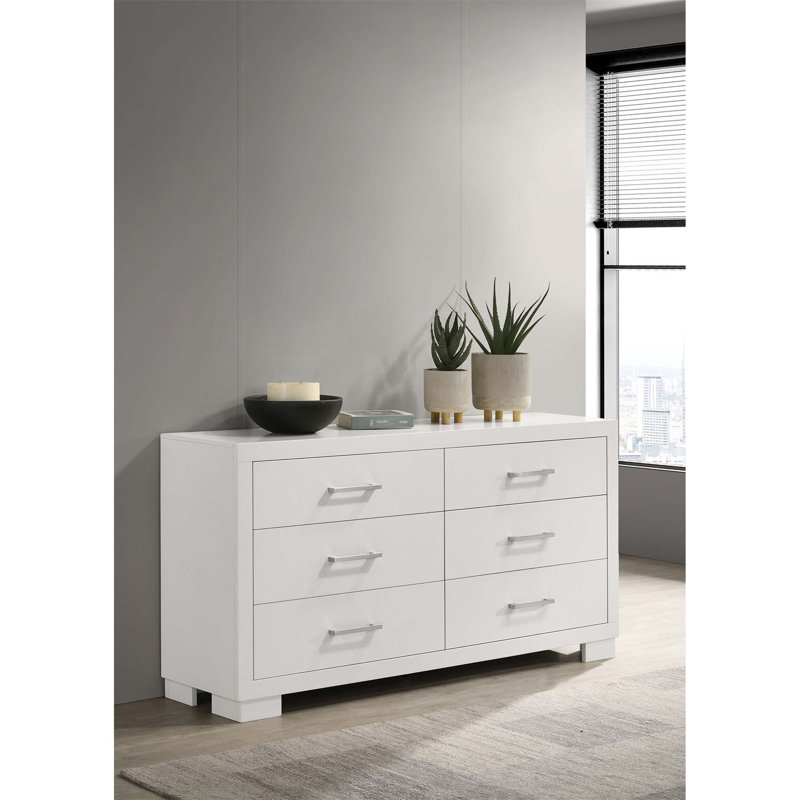 Commode à 6 tiroirs blanche neige avec rangement spacieux et design élégant, parfaite pour les chambres à coucher modernes et transitionnelles