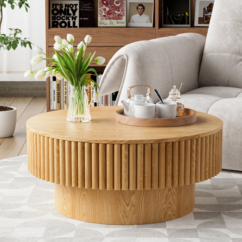 Round Drum Coffee Table with Storage, Natural, 14" H x 31.5" W x 31.5" D