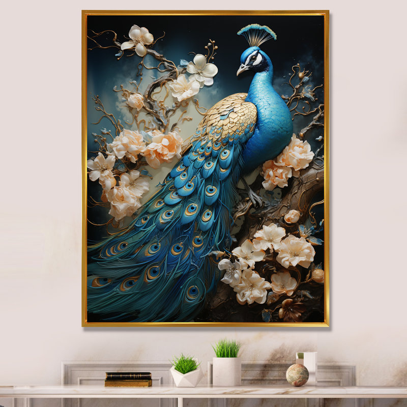 Ysaline Peacock Encaustic Portrait I - paon, art mural sur toile, H 20 po x l 12 po, Cadre flottant doré