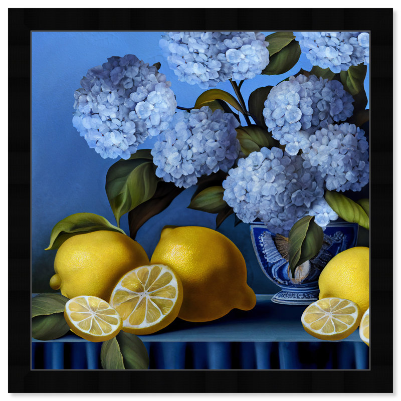 «Hydrangeas and Lemons Vase», cadre photo, Cadre noir, H 22 po x l 22 po