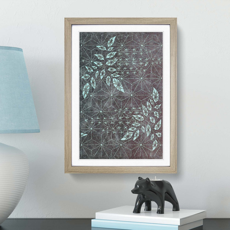 Japanese Geometric Leaf Design - Picture Frame Graphic Art Print, 48cm H x 36cm W x 2cm D, Oak Framed